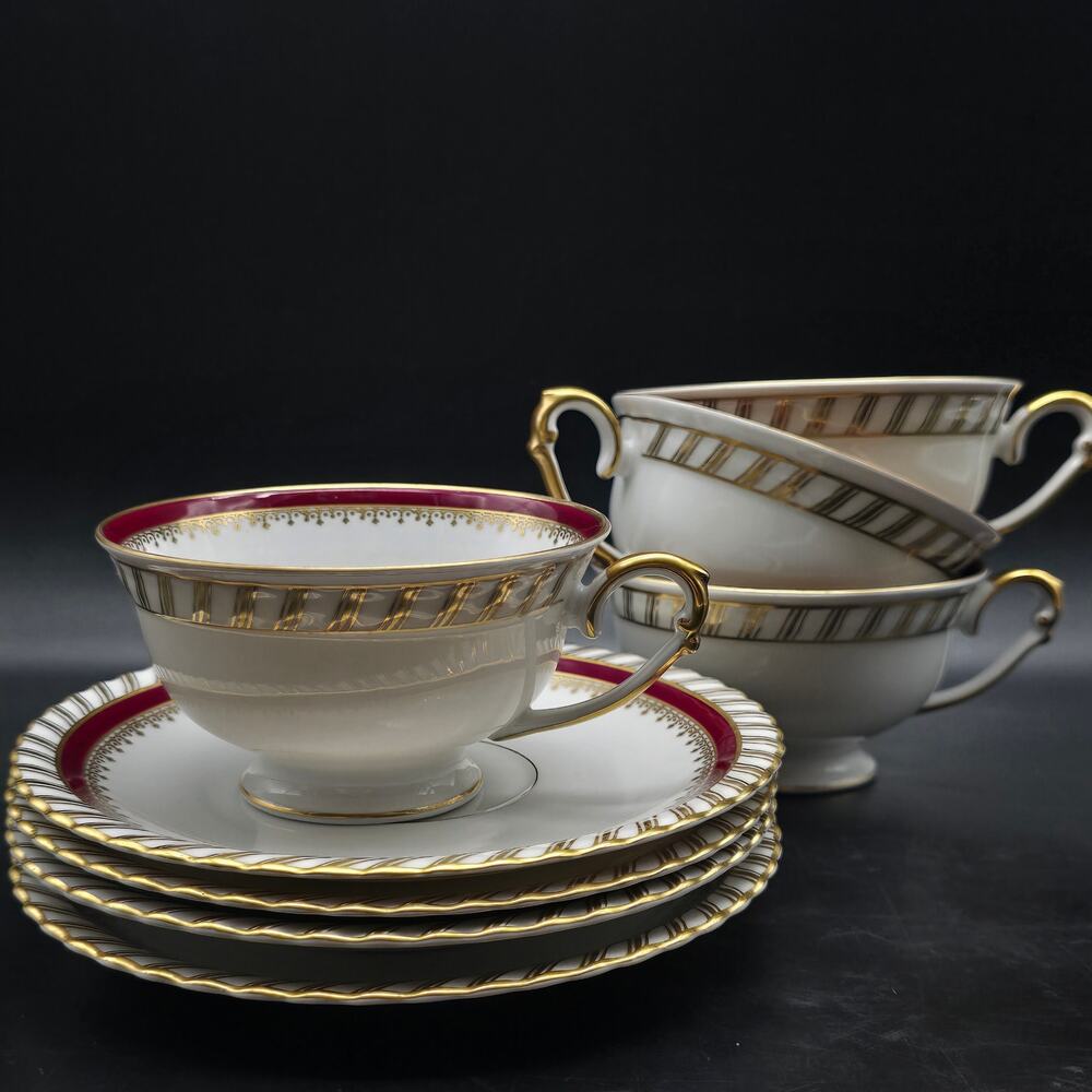 Krauthein Frankconia Tea Cup Set of 4 Gold Tone Trim Burgundy Bavaria Germany
